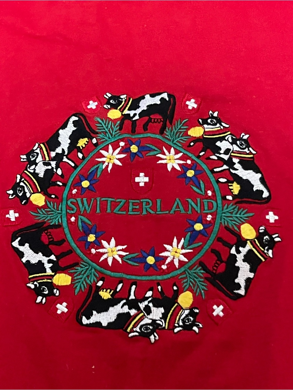Ronweil Switzerland Embroidered Cow & Edelweiss Red Cotton Tee L